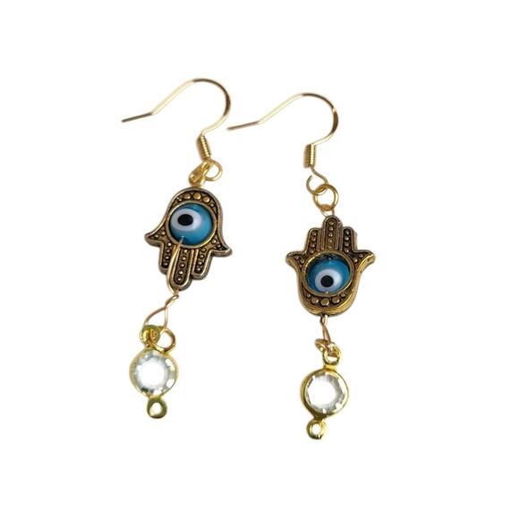 14k Gold Plated Hamsa Hand Blue Eye Drop Dangle Earrings Clear Faceted Beads - Picture 1 of 3